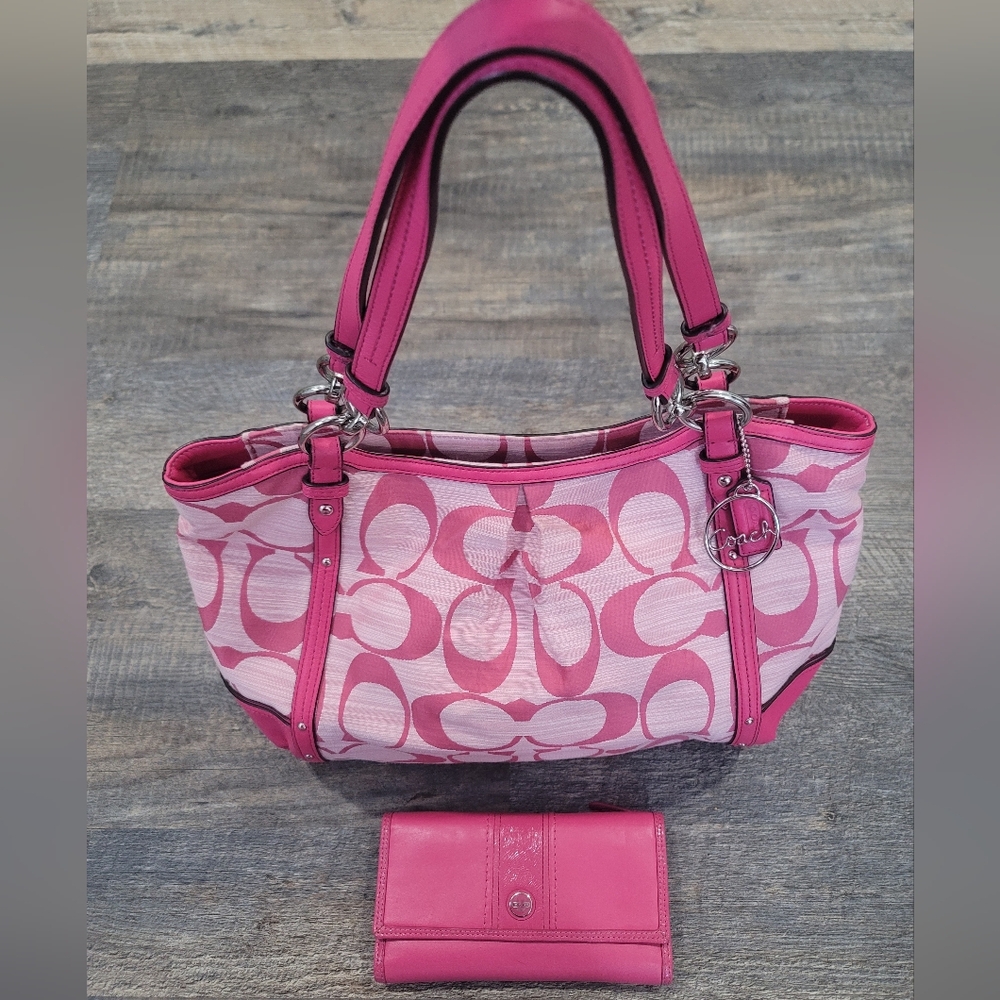 Coach Pink and White Signature Shoulder Bag